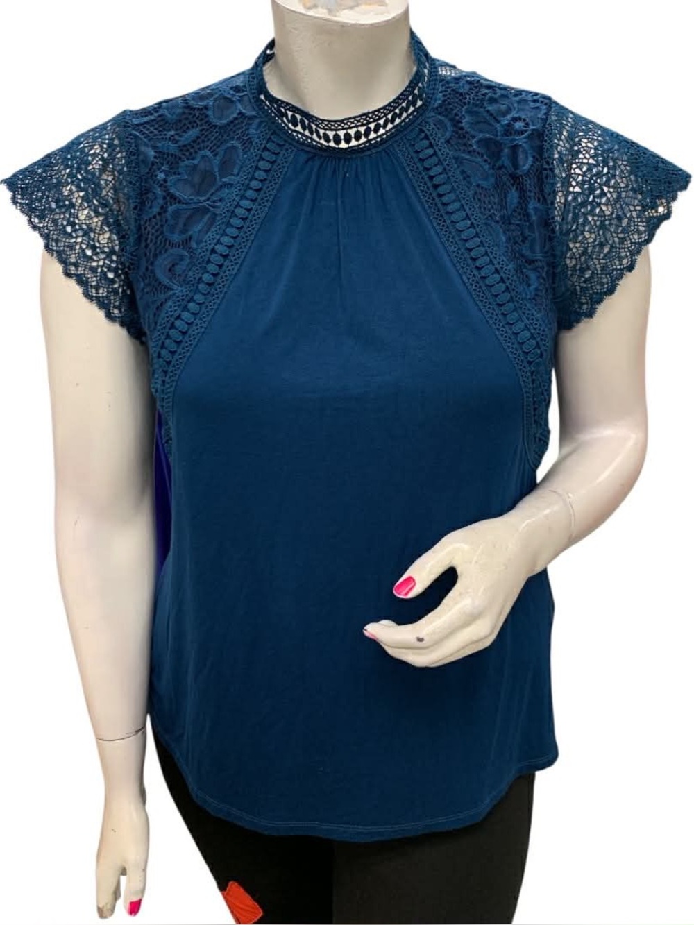 Lace Yoke Cap Sleeve Top - Teal Blue Size XL